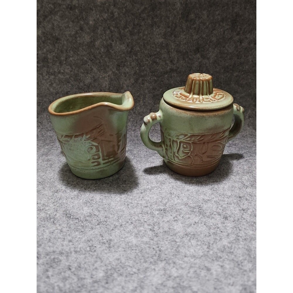 Vintage Frankoma Prairie Green Aztec Sugar Bowl And Creamer Clay Pottery